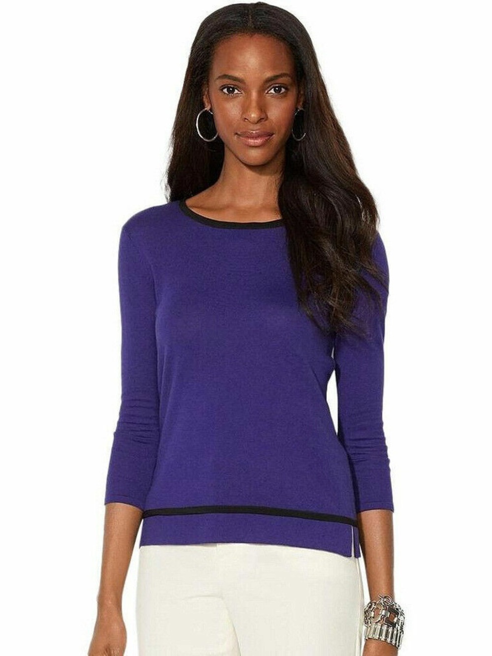 NWT Lauren Ralph Lauren Tie Back Contrast Trim Lapis/Black Sweater L Large Modal